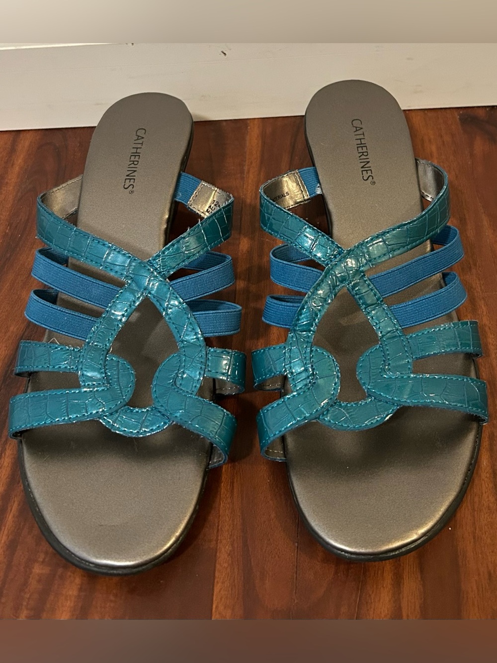 Catherines Women’s Turquoise Croc-Texture Strappy Slide Wedge Sandals 12w